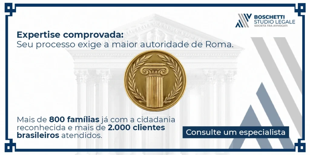 Imagem de anúncio de escritório de advocacia Boschetti Studio Legale com destaque para experiência, reconhecimento de mais de 800 famílias e atendimento a clientes brasileiros.
